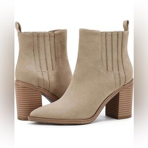 Womens Ankle Boots Slip on Pointed Toe Chunky Block Mid Heel Leather Elastic 7.5